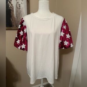 Haptics White Shirt with Magenta Star Sequin Puff Sleeves